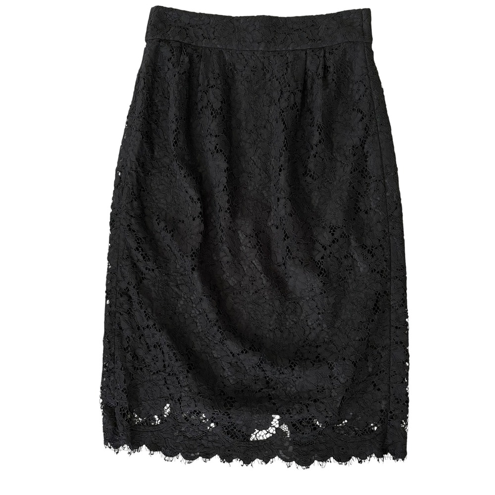 J.Crew Black Floral Lace Pencil Skirt Scalloped Eyelash Hem Sz 0 Business Casual